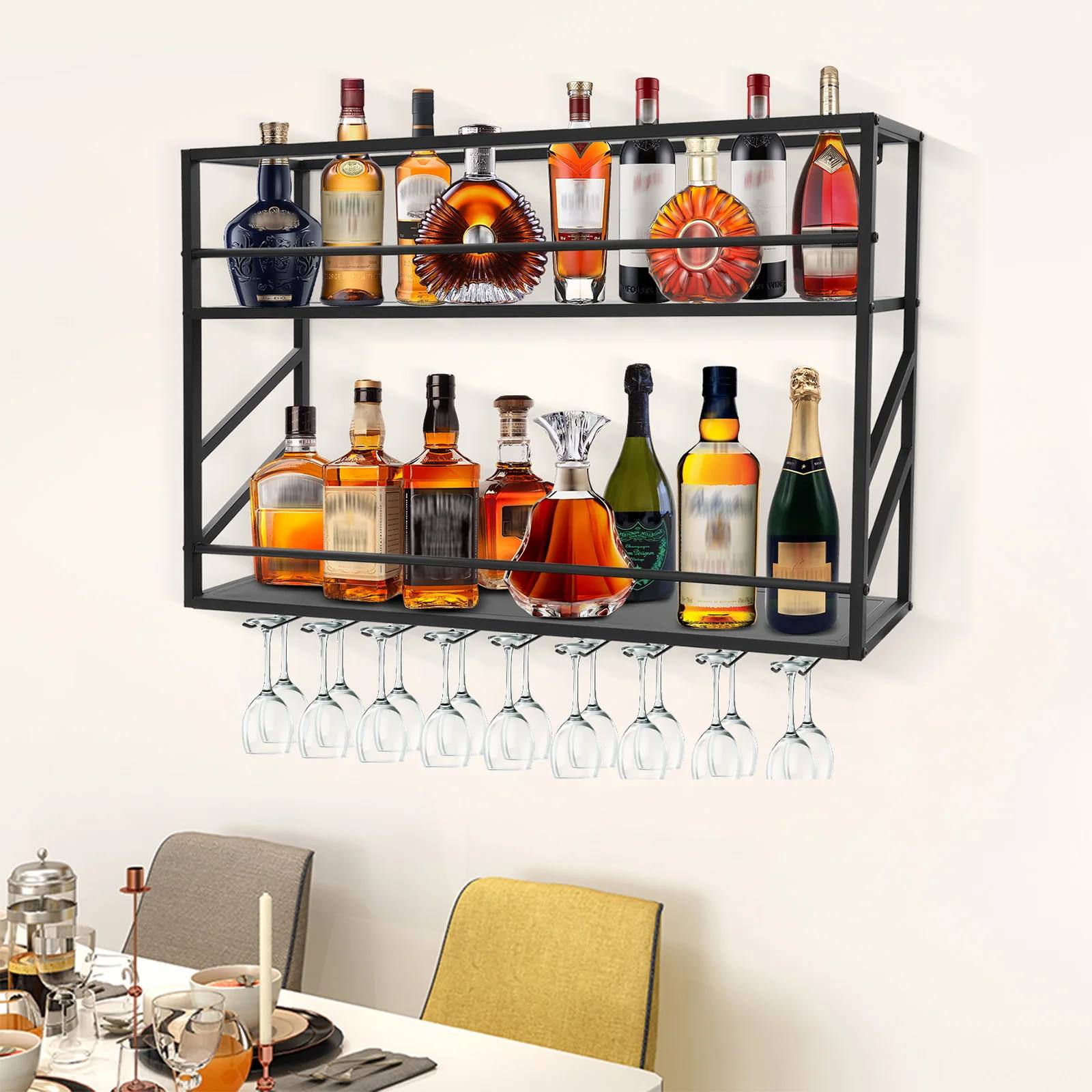 Portabottiglie a doppio strato da parete, portabottiglie in metallo per conservare ed esporre il vino in bar domestici e ristoranti.（100*20*62 cm)