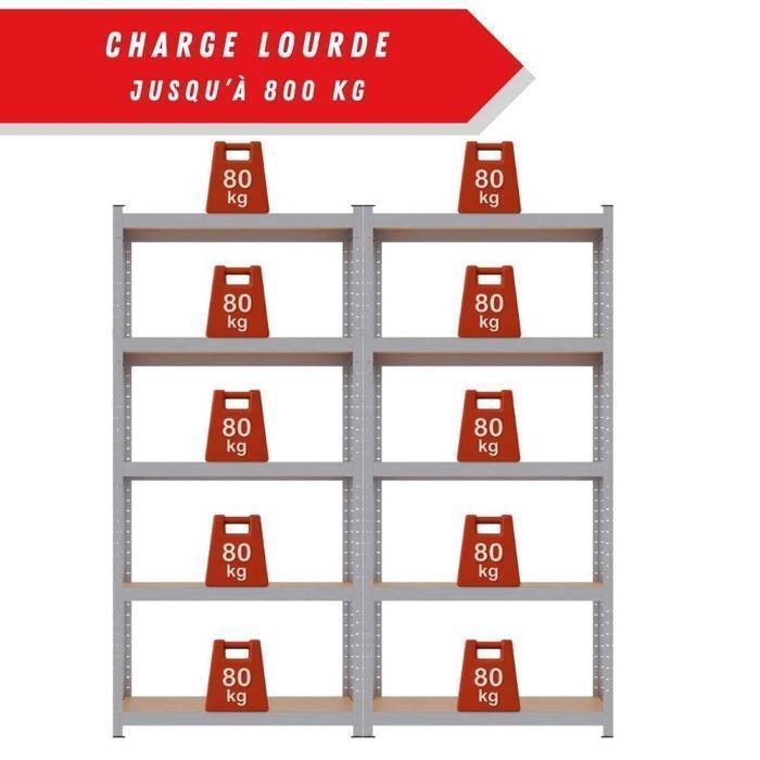 Étagère garage métallique 5 niveaux L180×P40xH180 cm : Robuste, modulable, montage facile par clips sans vis