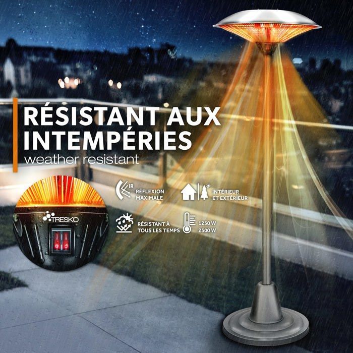 TRESKO® Parasol chauffant 2500W | Chauffage extérieur Infrarouge | Radiateur Rayonnant Électrique de Terrasse | 2 Niveaux de Chaleur