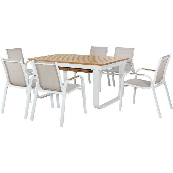 Ensemble repas de jardin - VIANEA - Table extensible 155/245x100x74 cm + 6 fauteuils - Aluminium - Blanc et naturel - 6 personnes