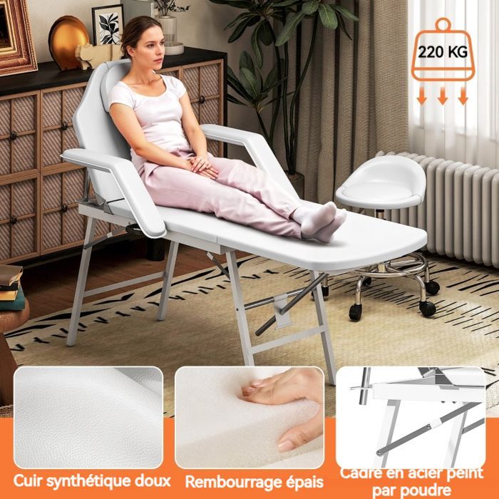 Table de massage pliante WELLTIN 182x82x68 cm, lit massage portable réglable, cuir synthétique, table esthétique pliable, appui-tête