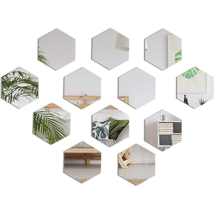 Espejos de pared autoadhesivos, 12 piezas, hexagonales, acrílico, removibles, decoración para dormitorio y sala de estar.