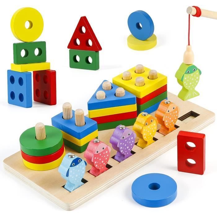 Juegos Montessori para niños de 1, 2, 3 y 4 años, juguete educativo 2 en 1 para niños y niñas, juguete de madera para apilar y clasificar, juego de pesca de madera.