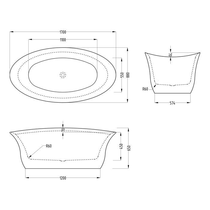 Bañera ovalada exenta de acrílico blanco de 170x88x65cm - MAI & MAI - Con desagüe y rebosadero