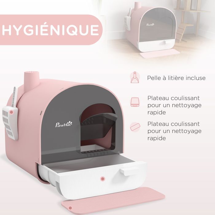 Bac à litière pour chat PawHut maison de toilette avec porte battante, pelle et filtre inclus dim. 43L x 44l x 47H cm - rose