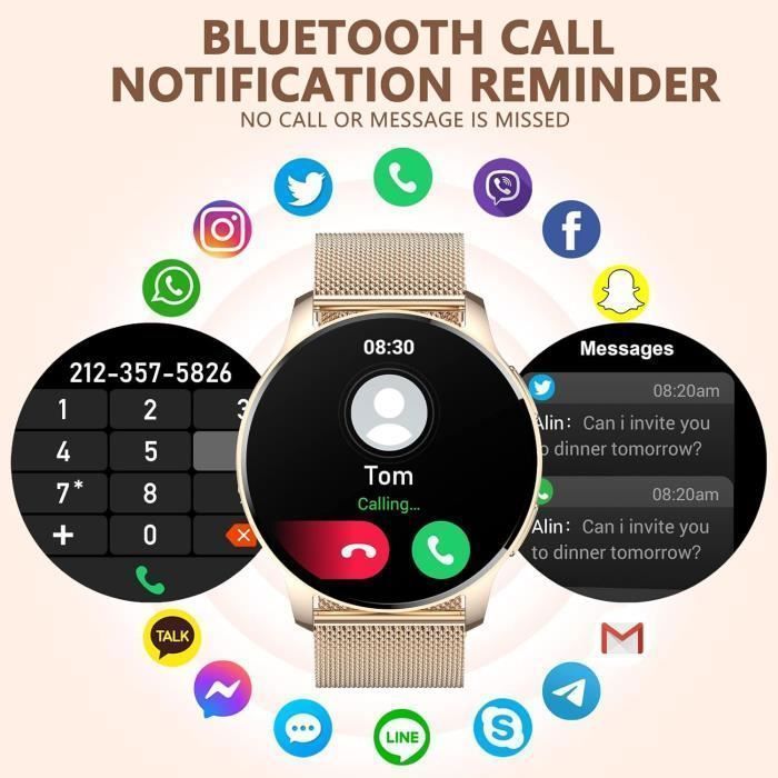 Reloj inteligente para mujer con llamadas Bluetooth y asistente de IA, notificaciones inteligentes, monitorización de frecuencia cardíaca, seguimiento del sueño, resistente al agua [H698]
