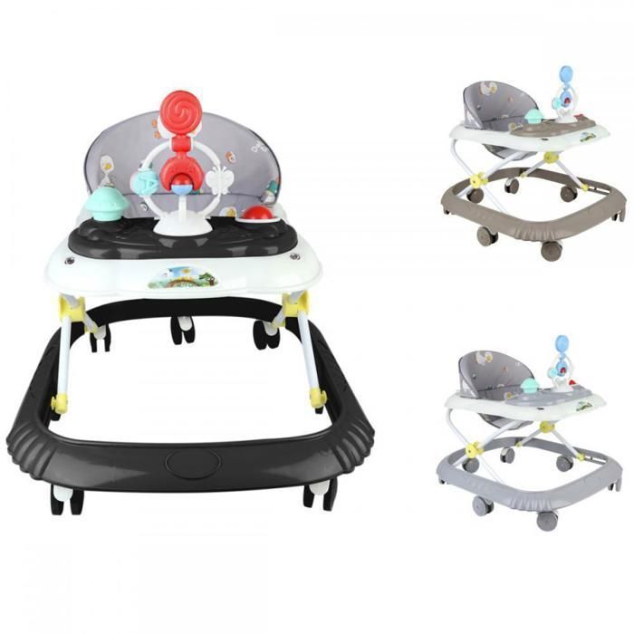 Andador para bebé 4 en 1, negro - Con bandeja interactiva multiactividad extraíble con música - Ajustable y plegable