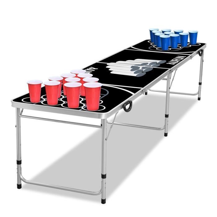 Mesa de Beer Pong - LILIIN - Plegable de aluminio - 6 bolas y 100 vasos - Altura ajustable de 55 a 70 cm
