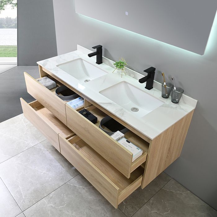 Móvel de banheiro LuxuryBain com pia dupla de 140 cm em madeira com efeito mármore branco e espelho com LED LB-8475