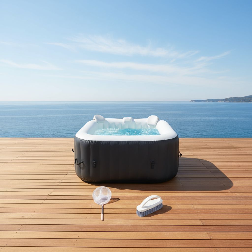 COMPLETE SUNSPA-SET: Vierkante opblaasbare spa voor 6 personen en accessoires: 4 hoofdsteunen, filter, skimmernet, borstel, mat, afdekking