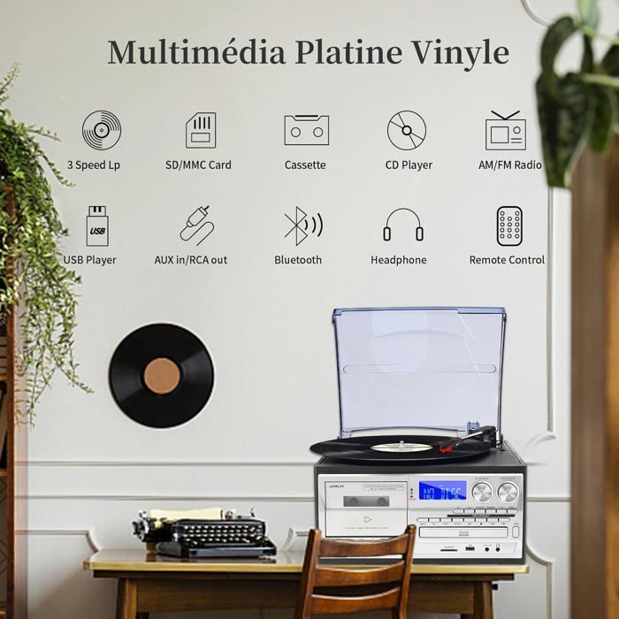 9-in-1 Bluetooth-Plattenspieler, 3 Geschwindigkeiten, integrierte Lautsprecher, CD/Kassette/Radio, USB/SD/Micro-Aux/Cinch, Schwarz