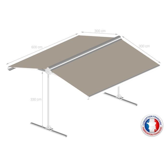 Motorized double-sloped awning 6x3x2 m - Taupe fabric and white satin frame - GARDEN OMBRAZUR