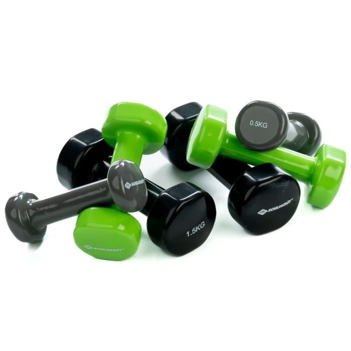 Set d'haltères - SCHILDKROT - 2 x 0,5kg anthracite - 2 x 1,0kg vert citron - 2 x 1,5kg noir - fonte + vinyle - Valise avec poignée