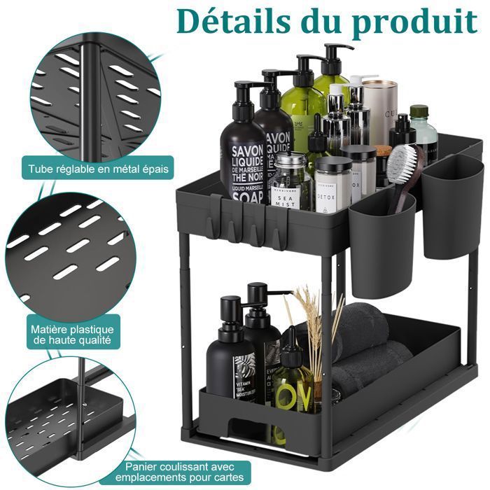 Lot de 2 Meuble Sous Evier-Organisateur sous Evier Tiroir Coulissant à Extraction - Rangement Et Organisation De Cuisine,Noir