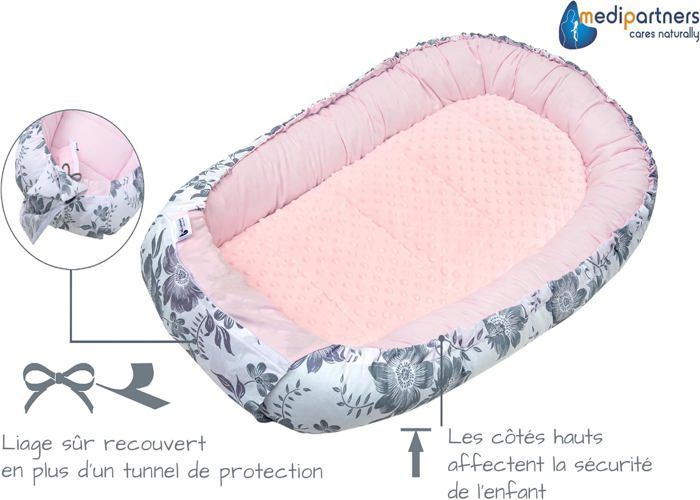 Medi Partners 5-piece Baby Cocoon 100x60x15cm 100% Cotton Baby Bed Reducer (Berry with Rosa Minky)