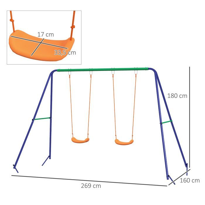 Outsunny schommelset met 2 zitjes - kinderschommel - metalen frame - max. draagvermogen 90 kg - meerkleurig