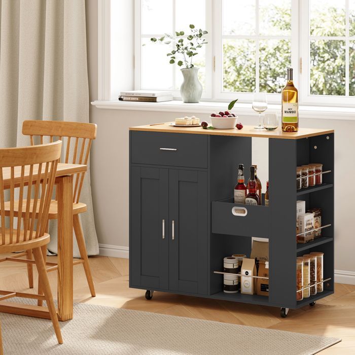 Desserte de Cuisine - Îlot à Roulettes - 102x46x92 cm - 2 Portes - 1 Tiroir - Noir