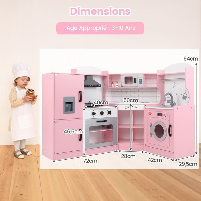 Cocina infantil de madera XXL de COSTWAY - 15 accesorios, efectos de luz y sonido, regalo de lujo rosa para fiestas