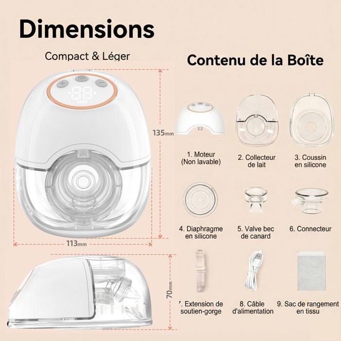 Extractor de leche eléctrico portátil manos libres - 4 modos, 12 niveles - Silencioso, anti-reflujo, 180 ml - Extractor de leche inalámbrico USB-C