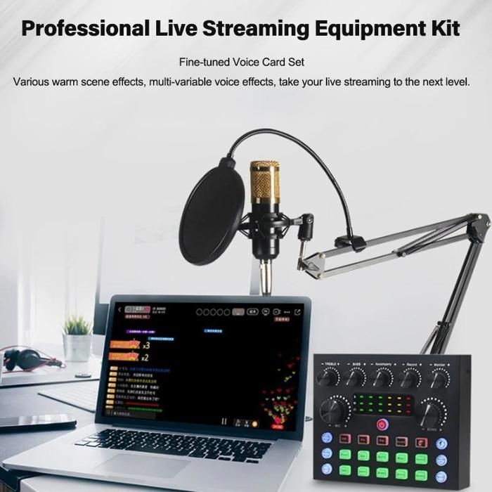 Kit microfono esterno professionale con scheda audio per esibizioni dal vivo, 7 modalità, effetti vocali, monitoraggio in cuffia, streaming e karaoke, nero