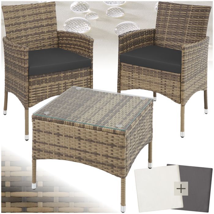 Muebles de jardín - TECTAKE - Conjunto de salón de exterior LUCERNE para 2 personas con mesa y 2 fundas - Marrón natural