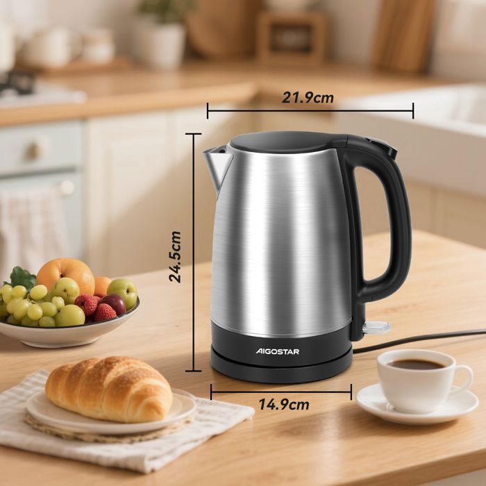 Aigostar Milo Stainless Steel Electric Kettle, 1.7L 2200W Kettle with Anti-limescale Filter, Automatic Shut-Off, BPA-Free, Black