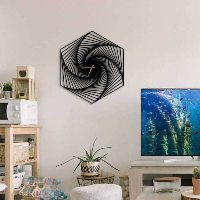 Horloge Murale - DEKORY - Spirale Hexagone - 70 cm - Acier - Noir Mat - Effet 3D