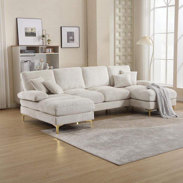 U-shaped chenille sofa with reclining seats, beige