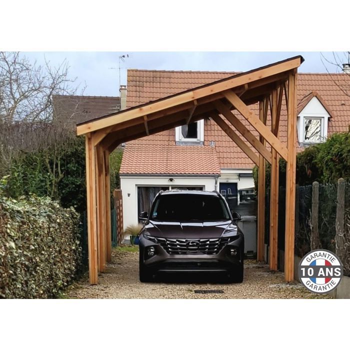 Carport premium Bois Douglas Français 21 m² – monopente – 6 poteaux – Abri 2 véhicules – Garantie 10 ans