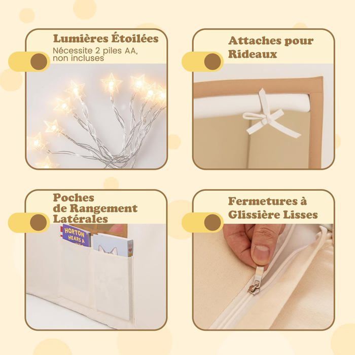 COSTWAY Tente de Jeux Enfant avec 4 Fenêtres et Guirlandes Lumineuses Étoiles, Tapis Antidérapant et Coton Lavable, 3-10 Ans Gris
