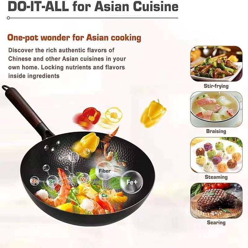 Poêle wok antiadhésive de 28 cm en fonte, non revêtue, idéale pour la cuisson des steaks, des crêpes et autres préparations culinaires. Fabriquée à la main, elle est compatible avec les plaques à gaz et à induction.