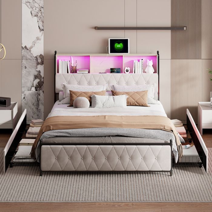 Tweepersoonsbed 180x200cm met ledverlichting en 4 lades, opbergvakken in het hoofdeinde, USB/Type-C-oplaadmogelijkheid, beige fluweel