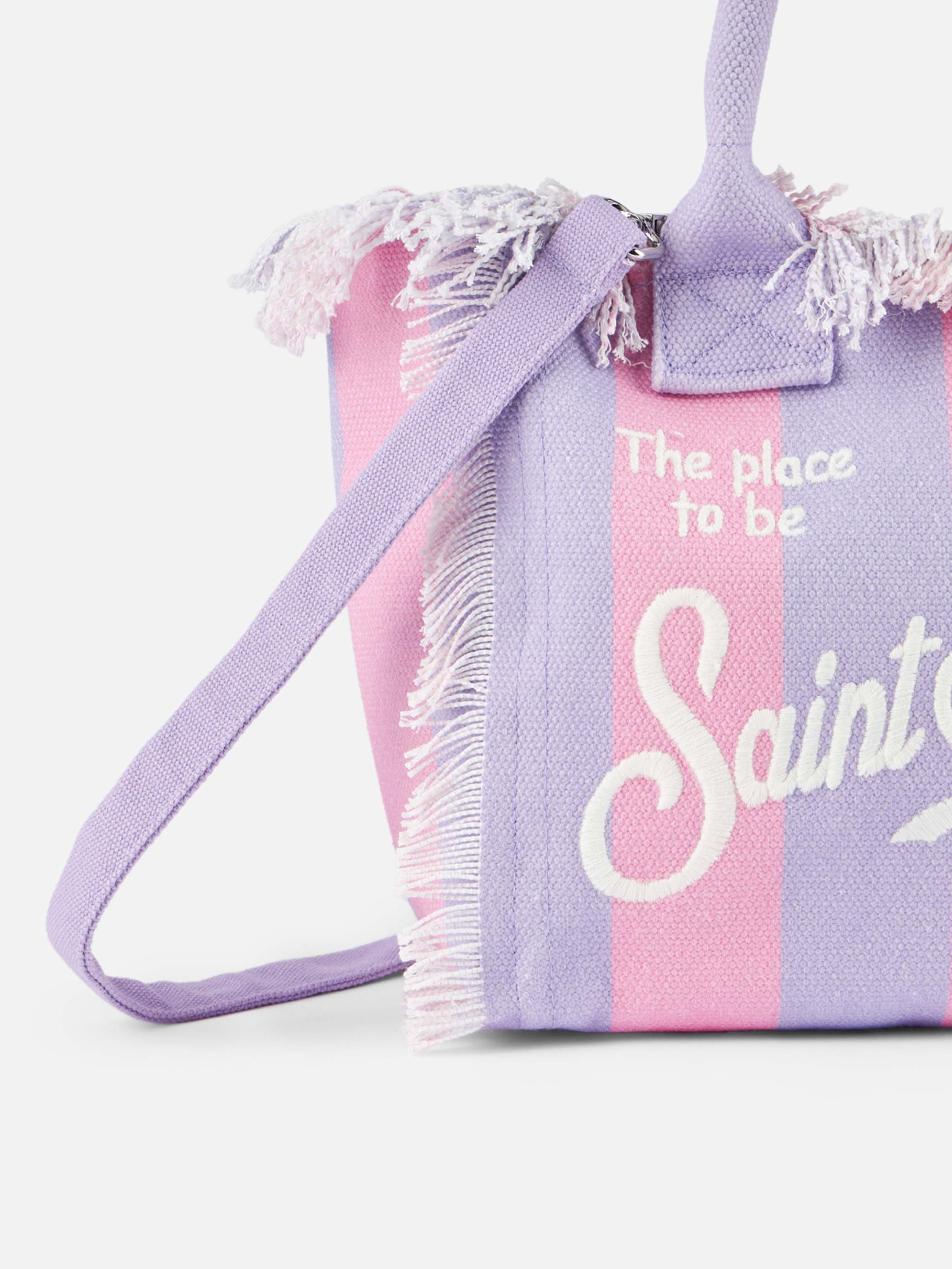 Colette katoenen canvas handtas met franjes - roze en lila gestreepte print met geborduurd Saint Barth-logo en ritsvak | MC2 Saint Barth