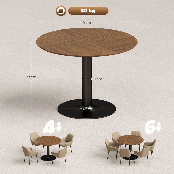 Mesa de comedor - HOMCOM - para 4-6 personas - redonda - tablero y base de acero grandes - Ø 110 x 78 cm - marrón