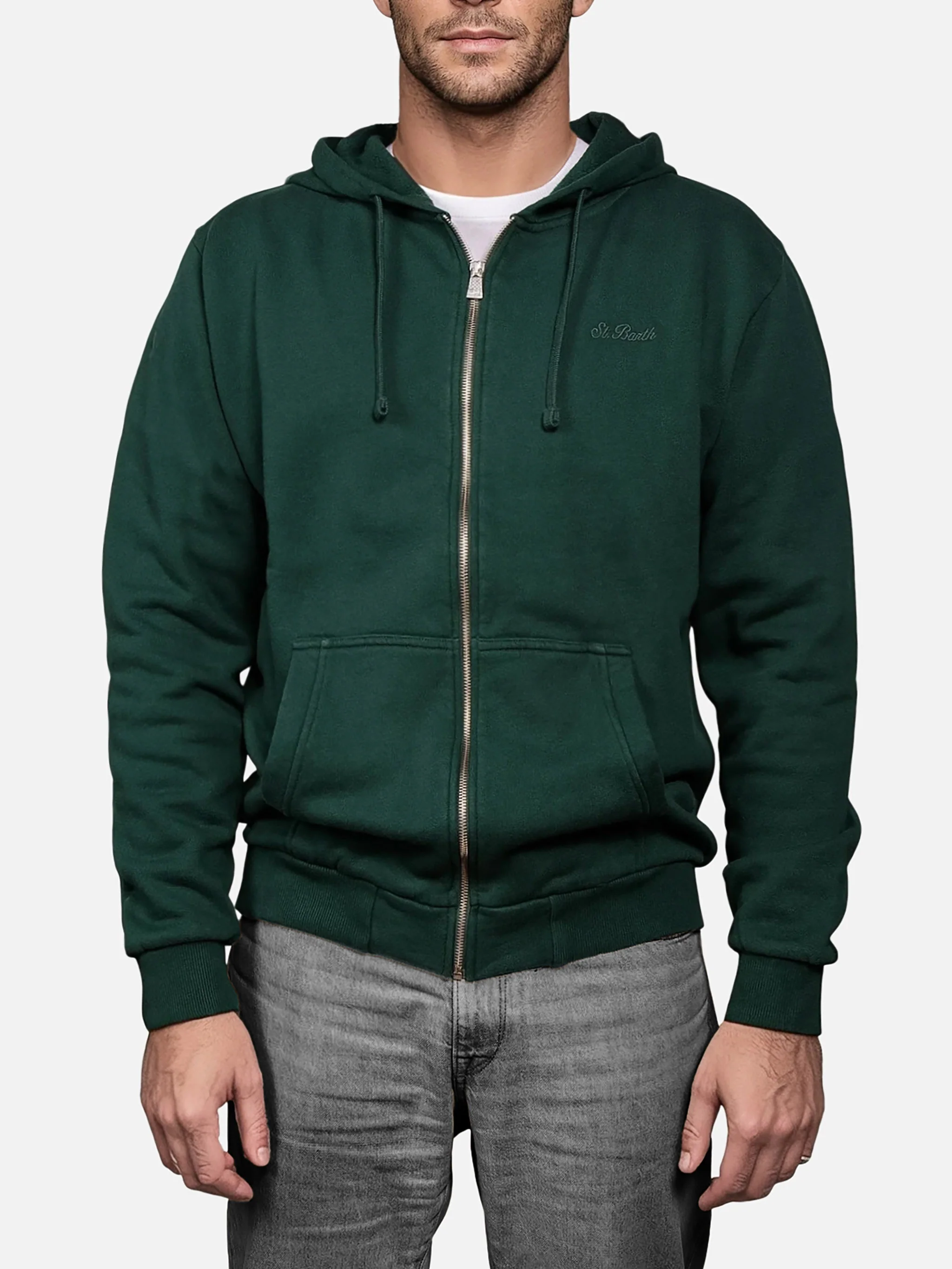 Mercer herenhoodie met rits in groen en St. Barth-borduurwerk.