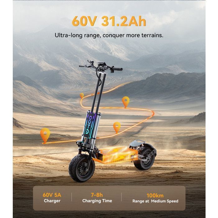 Patinete eléctrico T90: 2 motores de 2100 W, 45 km/h, autonomía de 85 km, doble suspensión y triple sistema de frenado de seguridad.