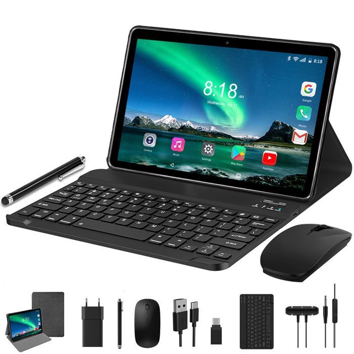 Tablette Tactile 10.1 Pouces TOSCIDO, 36Go+128Go, Android 14, Octa-Core, 4G LTE/SIM/WIFI, 8000mAh, Avec clavier souris casque, Gris