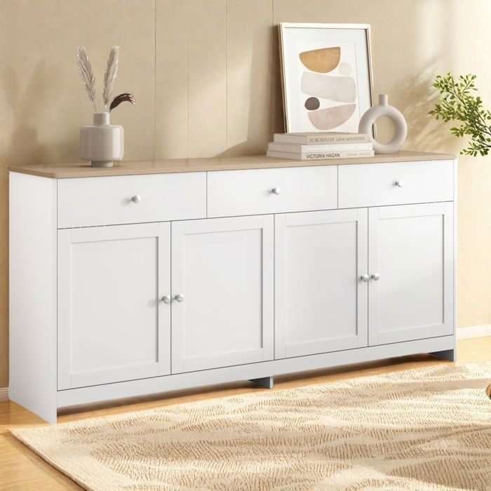 Buffet - 4 portes et 3 tiroirs - Blanc et bois - 160x37x75 cm - Style rustique moderne