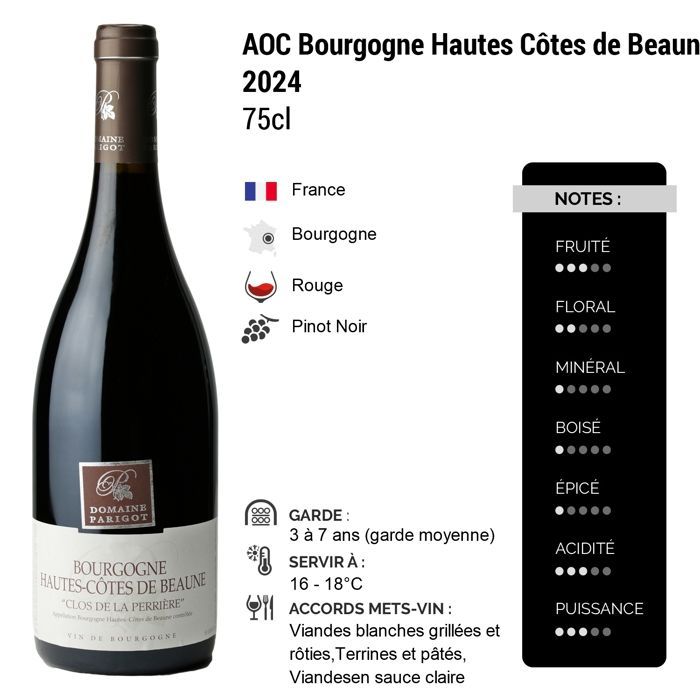Domaine Parigot Père et Fils Bourgogne Hautes Côtes de Beaune Clos de la Pérrière 2024 - Vino rosso di Borgogna (6x75cl)