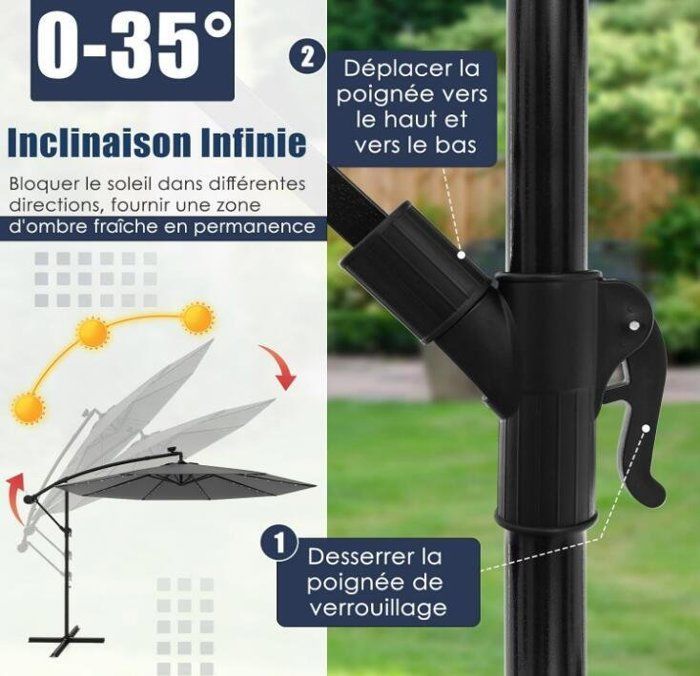 Ombrellone da giardino per esterni - RELAX4LIFE - 3 m - 40 luci LED - Inclinazione e manovella regolabili - Base a croce - Grigio