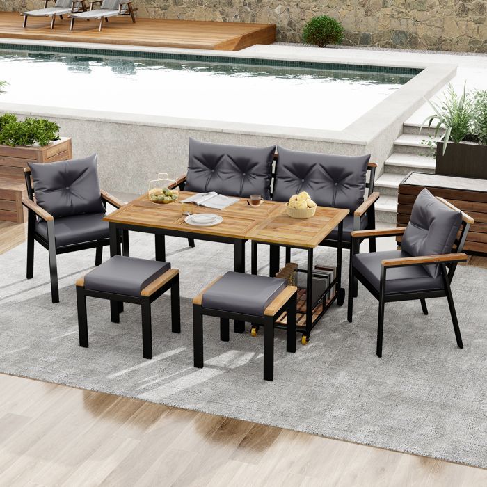 Table à manger et chaises de jardin 6-7 places avec fauteuils et chariot de salle à manger amovible,bois d’acacia