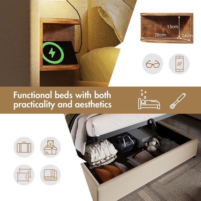 Upholstered storage bed 180x200 cm with long backrest, bedside table, reading lamp, USB Type-C, hydraulic storage, linen, beige