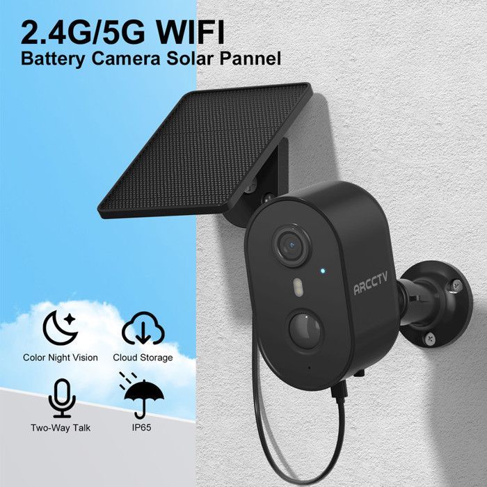 Telecamera di sorveglianza wireless con batteria ricaricabile, Wi-Fi a 2,4 GHz e 5 GHz, audio bidirezionale, visione notturna a colori, ARCCTV
