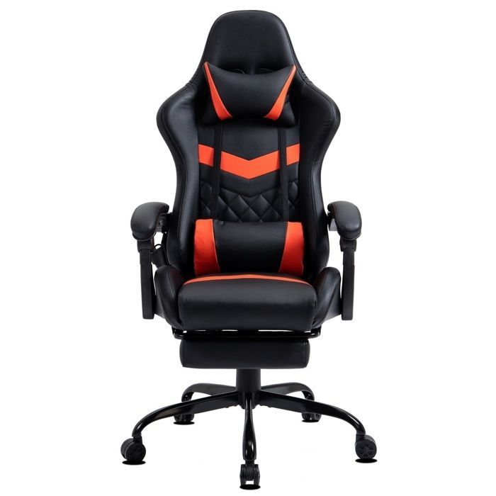 Chaise Gaming Ergonomique Similicuir avec Repose-Pieds et Massage 6 Points, Dossier Inclinable, Base Métal Delman Rouge