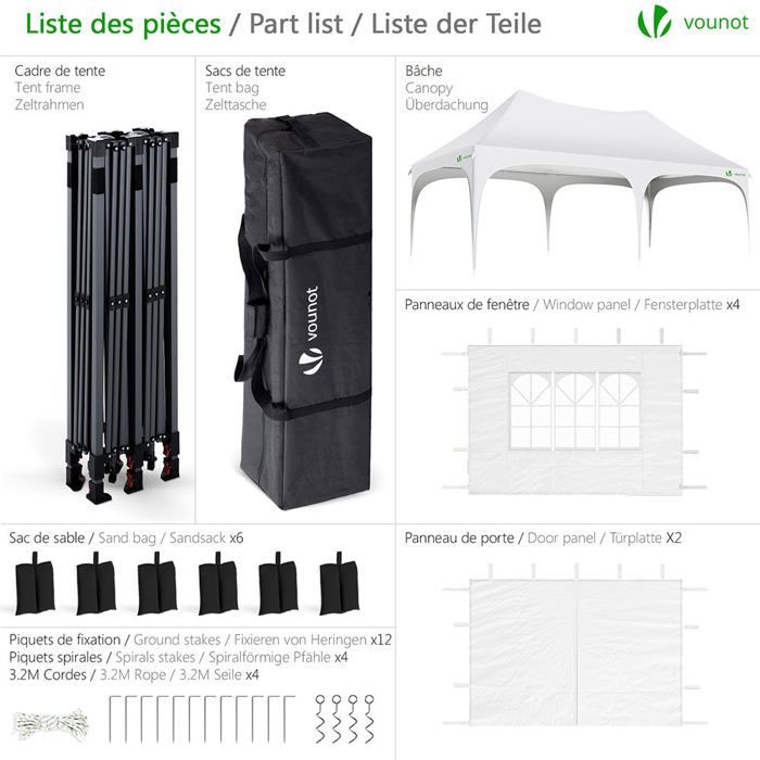 VOUNOT® Tonnelle de jardin pliable 3x6m - Barnum réglable en hauteur avec 6 parois amovibles - Imperméable et anti-UV - Blanc