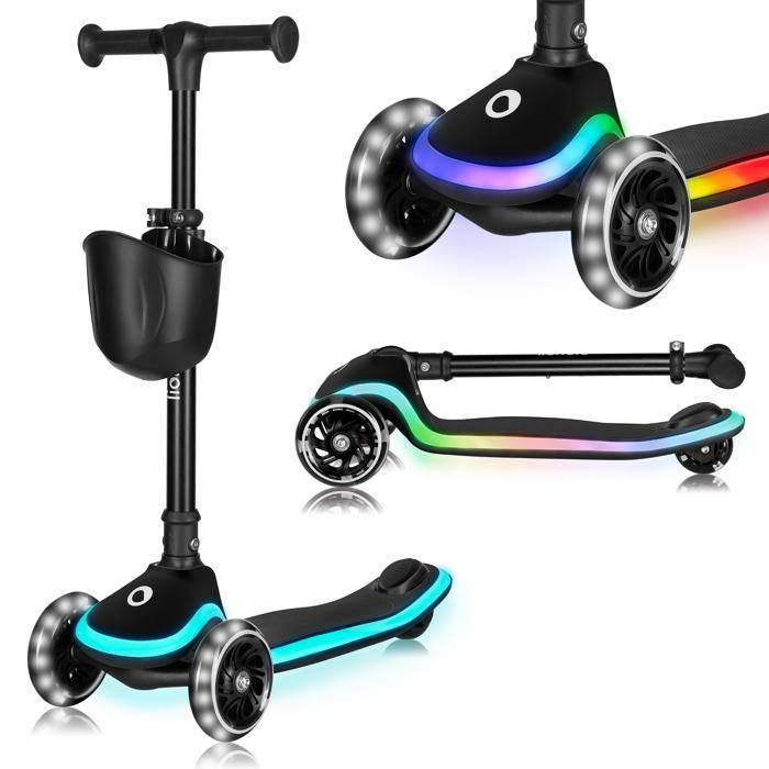 Trottinette enfant LIONELO Mey - 3 Roues éclairées - Pliable - Hauteur réglable - Noir