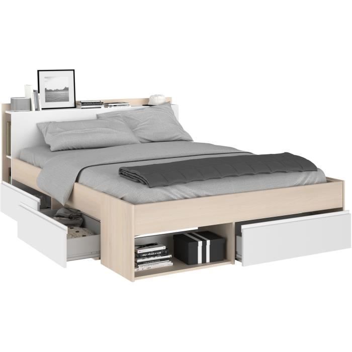 Cama adulta COMBO 140x190/200 cm - Acacia y blanco - 3 cajones - PARISOT