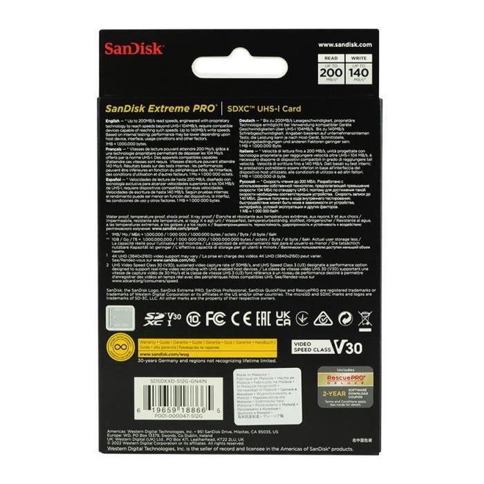 Carte Mémoire SD - Sandisk - Extreme Pro - 512Go - 200MB/s - UHS-I V30