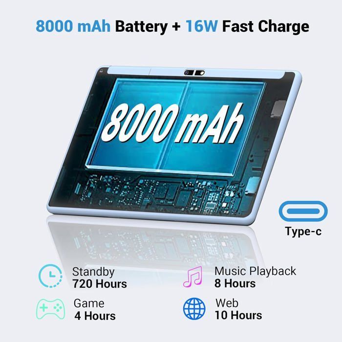 Tablette Tactile 10.1 Pouces MAGCH, Android 14, 36Go+128Go, Octa-Core, 5G Wifi, TYPC-C, 8000mAh, more accessoires-Bleu