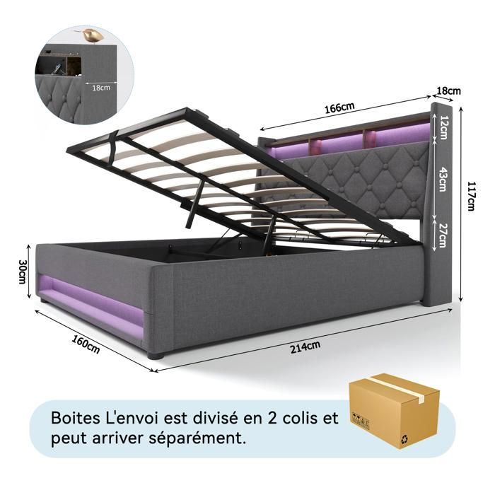 160 x 200 cm Storage Bed with Slatted Base - NHHF - Double Bed with Storage, LED Lighting, and USB Port - 160 x 200 cm Hydraulic Bed with Under-Bed Storage